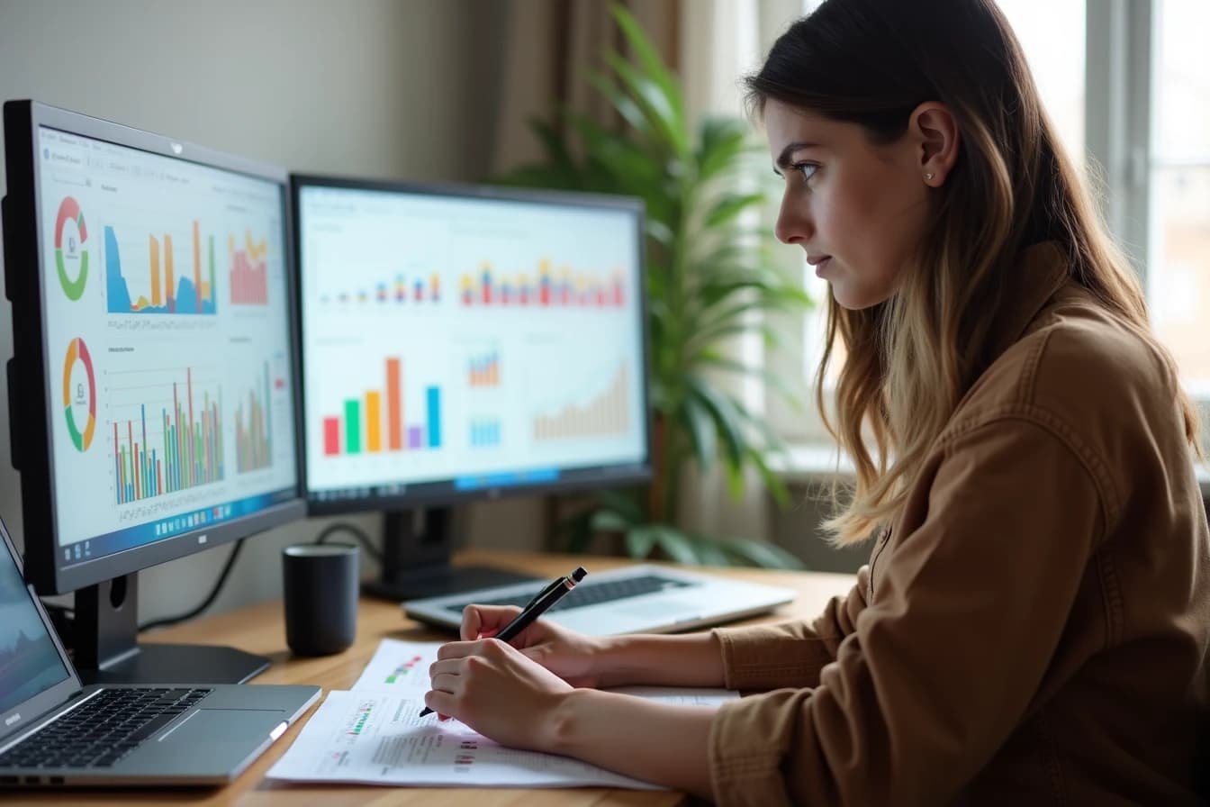 Woman at a home office desk with two monitors and a laptop showing colorful charts, taking notes Woman at a home office desk with two monitors and a laptop showing colorful charts, taking notes