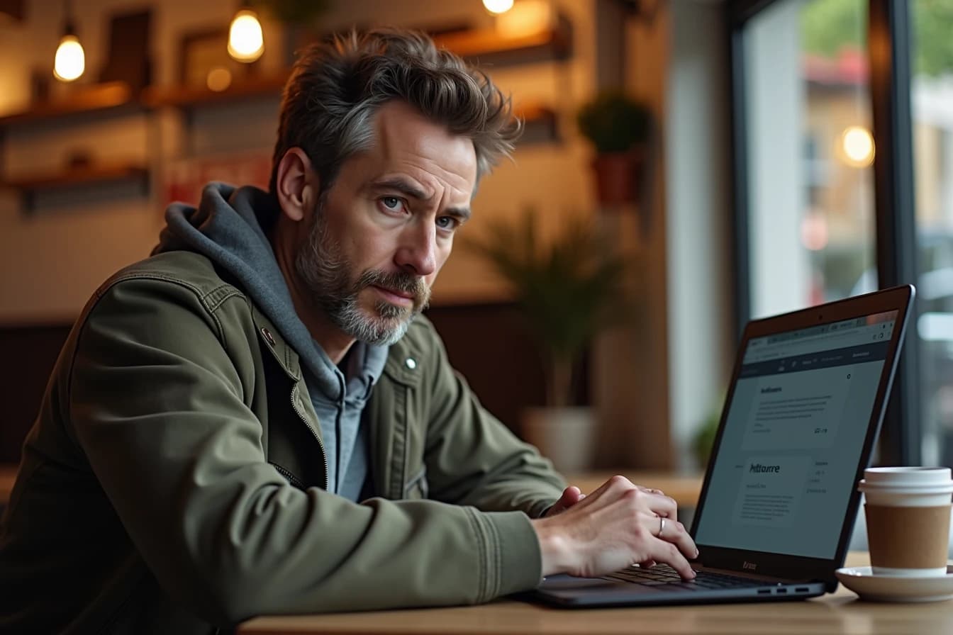 Man sitting at a cafe table researching on a laptop with a focused expression Man sitting at a cafe table researching on a laptop with a focused expression