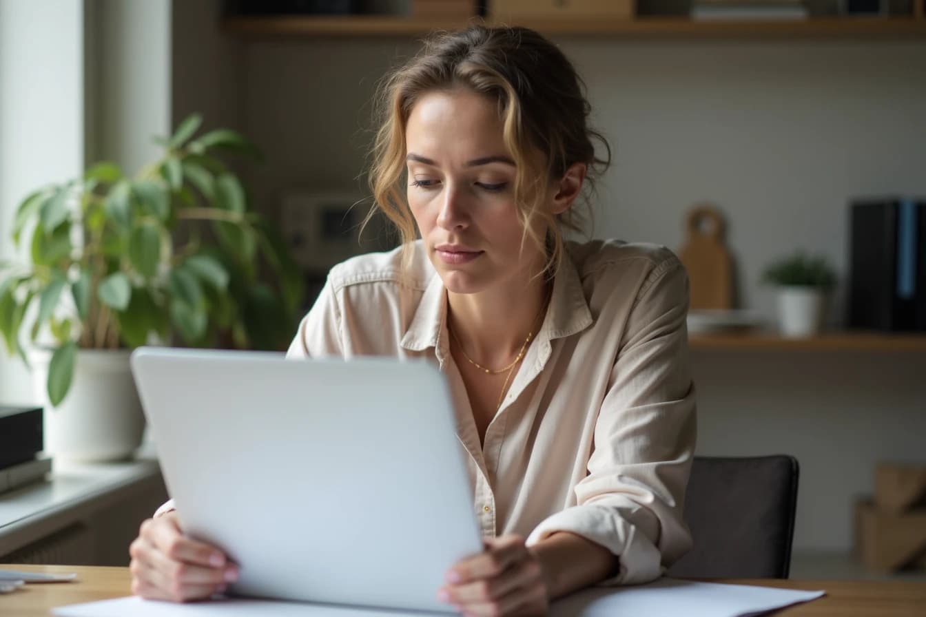 Woman at a home desk reviewing a billing document next to an open laptop Woman at a home desk reviewing a billing document next to an open laptop