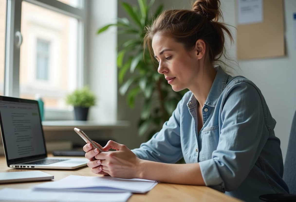 Woman at a desk carefully reviewing an app permissions screen on her smartphone Woman at a desk carefully reviewing an app permissions screen on her smartphone