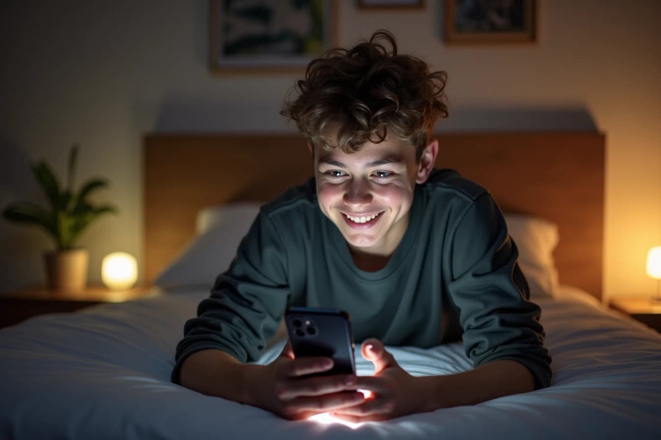 Young man at a bedroom desk smiling at his smartphone in the evening Young man at a bedroom desk smiling at his smartphone in the evening