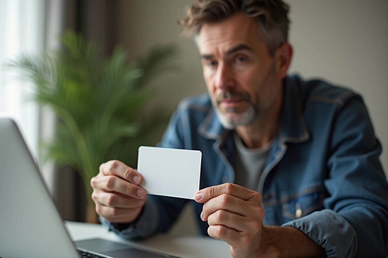 Adult man at a desk holding a blank ID-style card near a laptop for a verification step Adult man at a desk holding a blank ID-style card near a laptop for a verification step