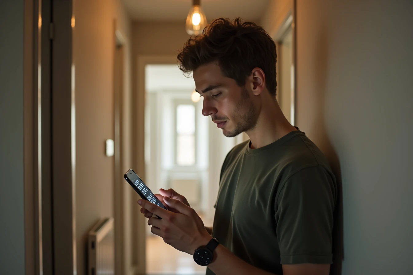 Man standing in a hallway scrolling through a long list of apps on his smartphone Man standing in a hallway scrolling through a long list of apps on his smartphone