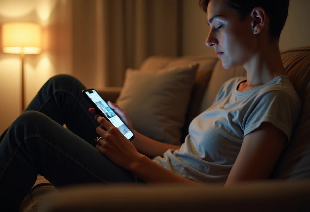 Person scrolling a news app on a smartphone while relaxing on a couch Person scrolling a news app on a smartphone while relaxing on a couch