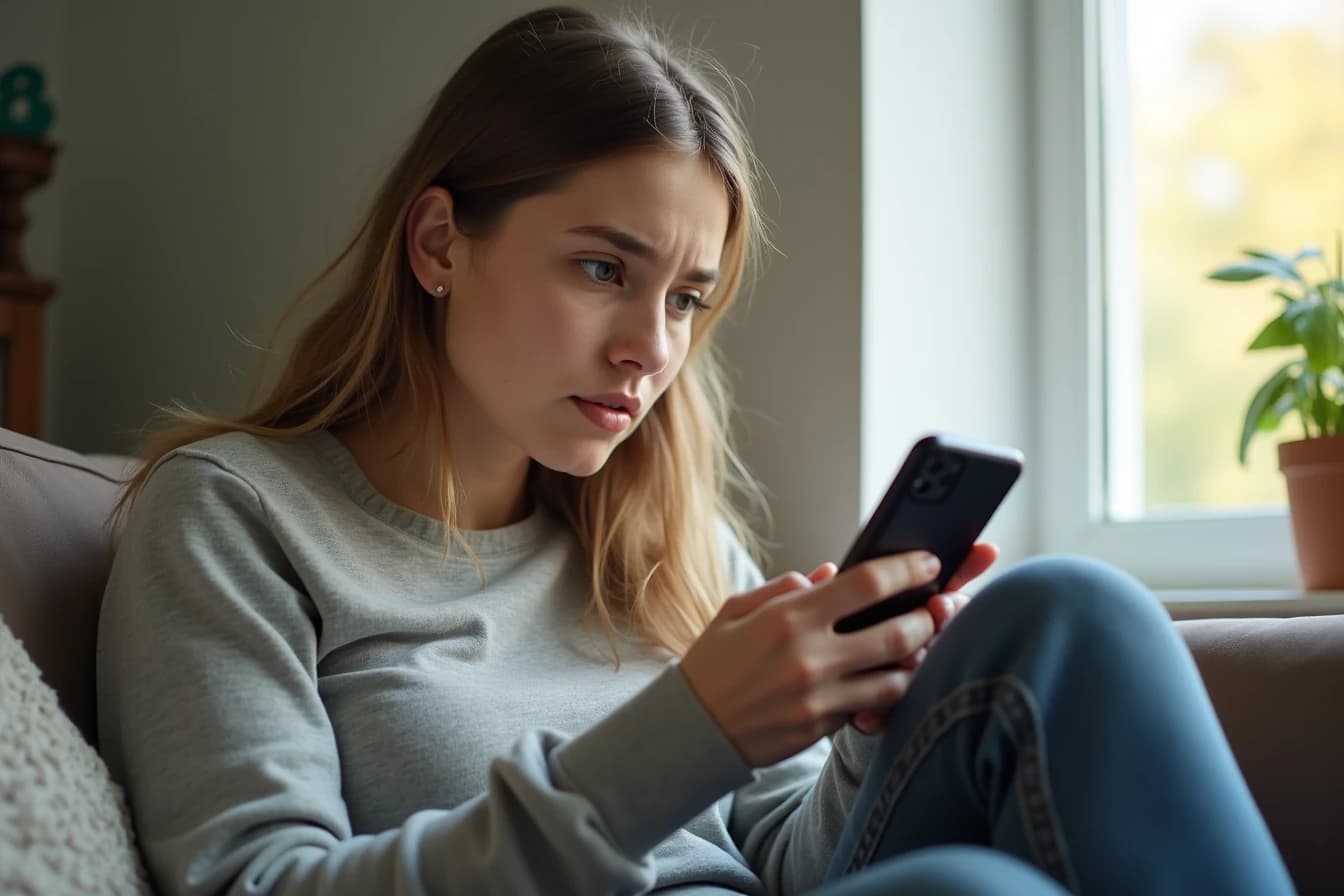 Woman sitting on a couch looking at her smartphone with a concerned searching expression