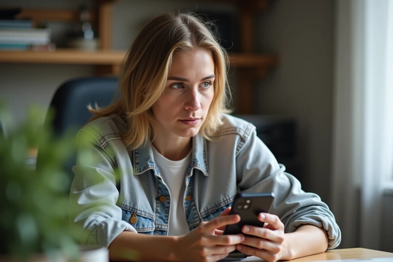 Person adjusting app settings on a smartphone at a home desk during the day Person adjusting app settings on a smartphone at a home desk during the day
