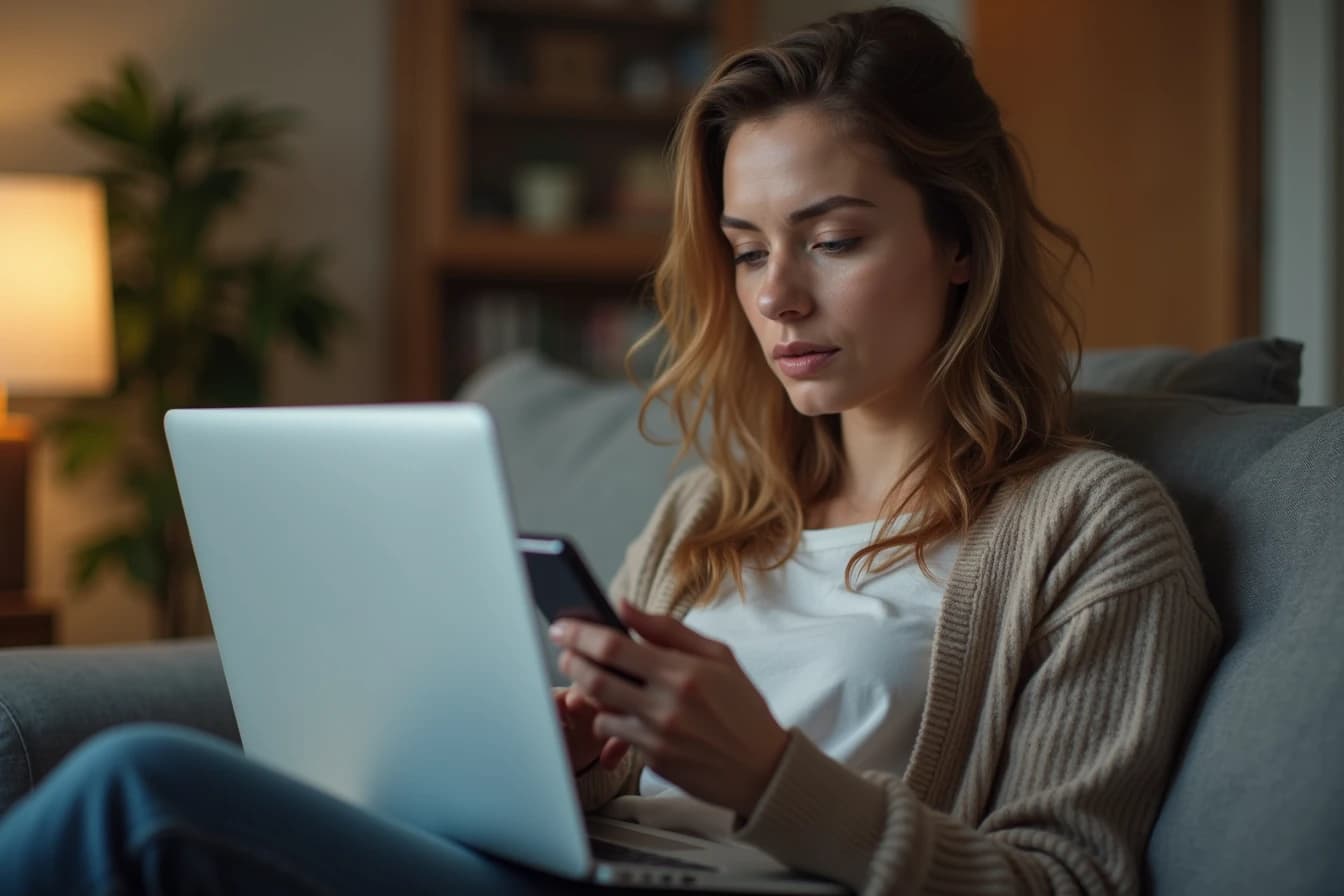 Woman on a couch with a laptop and smartphone setting up a new AI companion character Woman on a couch with a laptop and smartphone setting up a new AI companion character