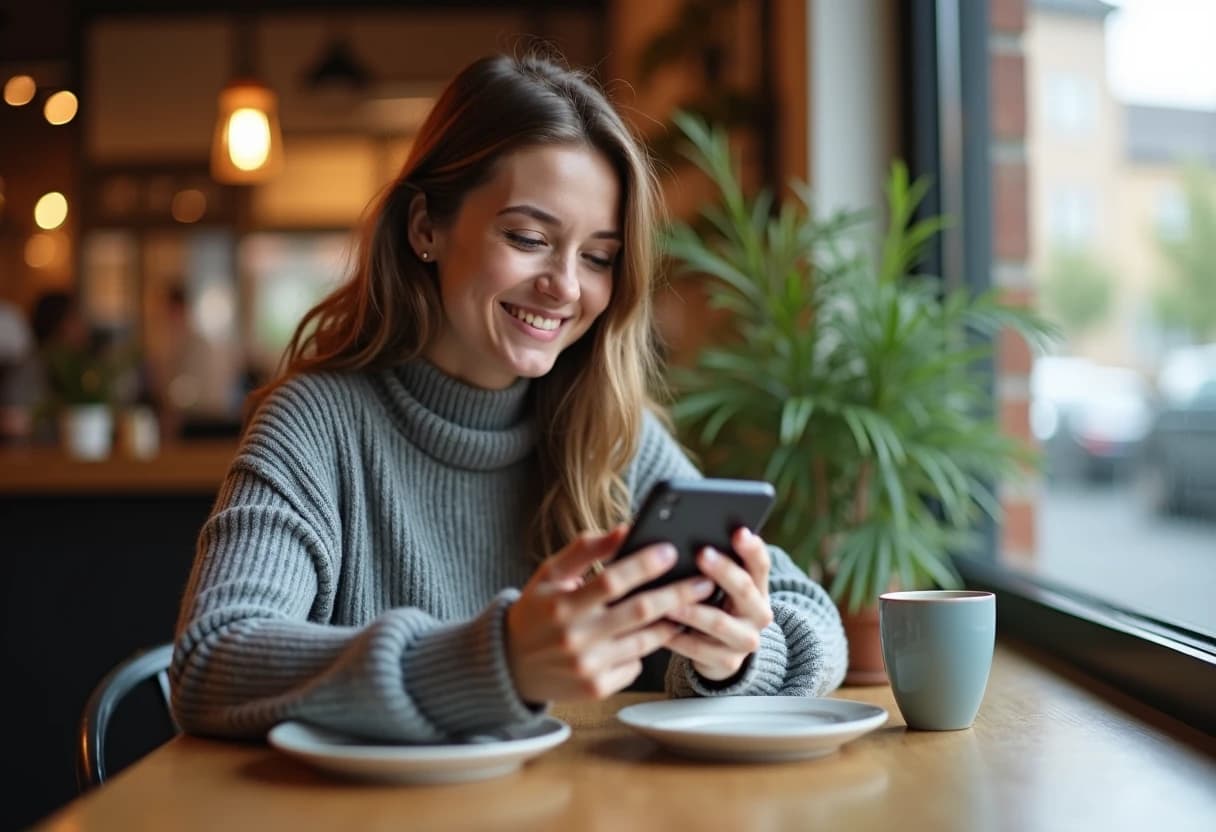 Woman smiling while using an SFW AI companion app on her phone at a cafe table