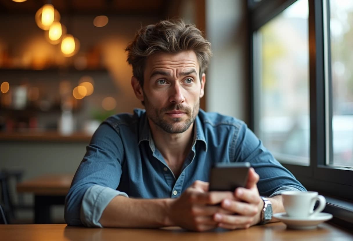 Man at a coffee shop table looking curiously at his smartphone while signing up for a free trial Man at a coffee shop table looking curiously at his smartphone while signing up for a free trial