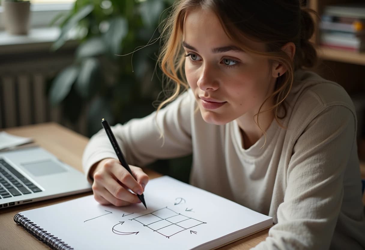 Woman at a desk sketching simple wireframe boxes and arrows in a notebook next to a laptop Woman at a desk sketching simple wireframe boxes and arrows in a notebook next to a laptop