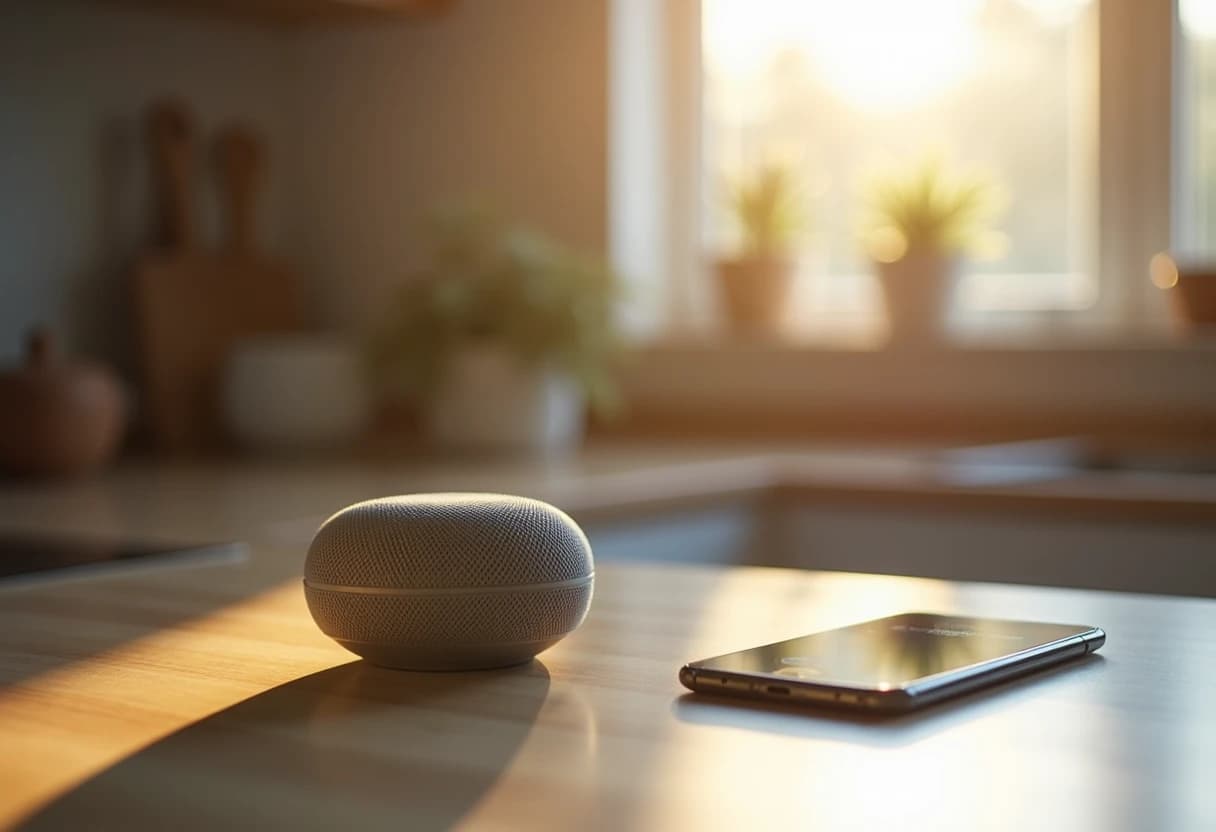 A small generic smart speaker device on a kitchen counter next to a smartphone A small generic smart speaker device on a kitchen counter next to a smartphone