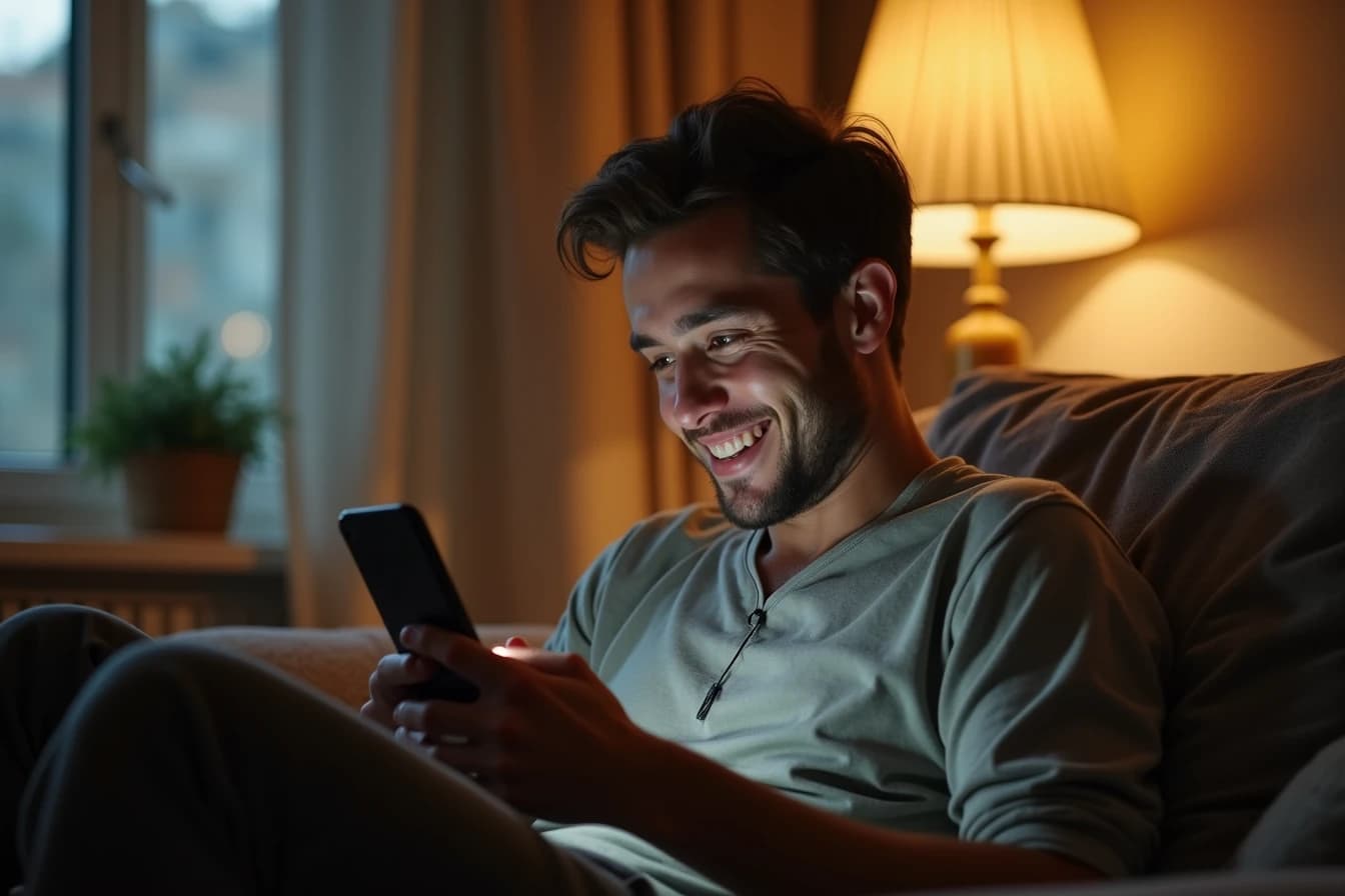 Man sitting on a couch at home glancing down at his smartphone with a warm smile Man sitting on a couch at home glancing down at his smartphone with a warm smile