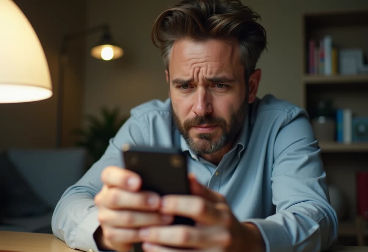 Person sitting at a desk staring at a smartphone screen with a confused, disappointed expression Person sitting at a desk staring at a smartphone screen with a confused, disappointed expression