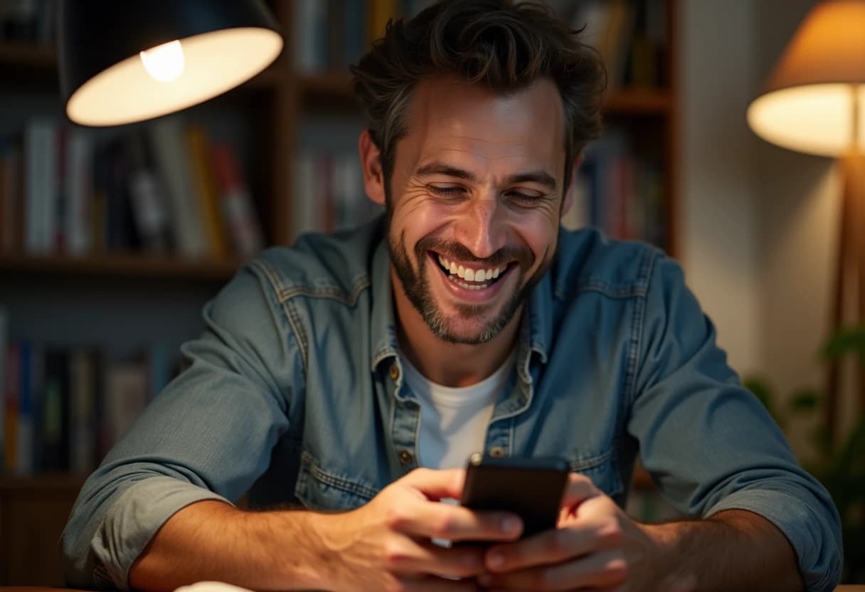 Man at a home desk typing on his smartphone with an amused, engaged smile starting a roleplay scene Man at a home desk typing on his smartphone with an amused, engaged smile starting a roleplay scene