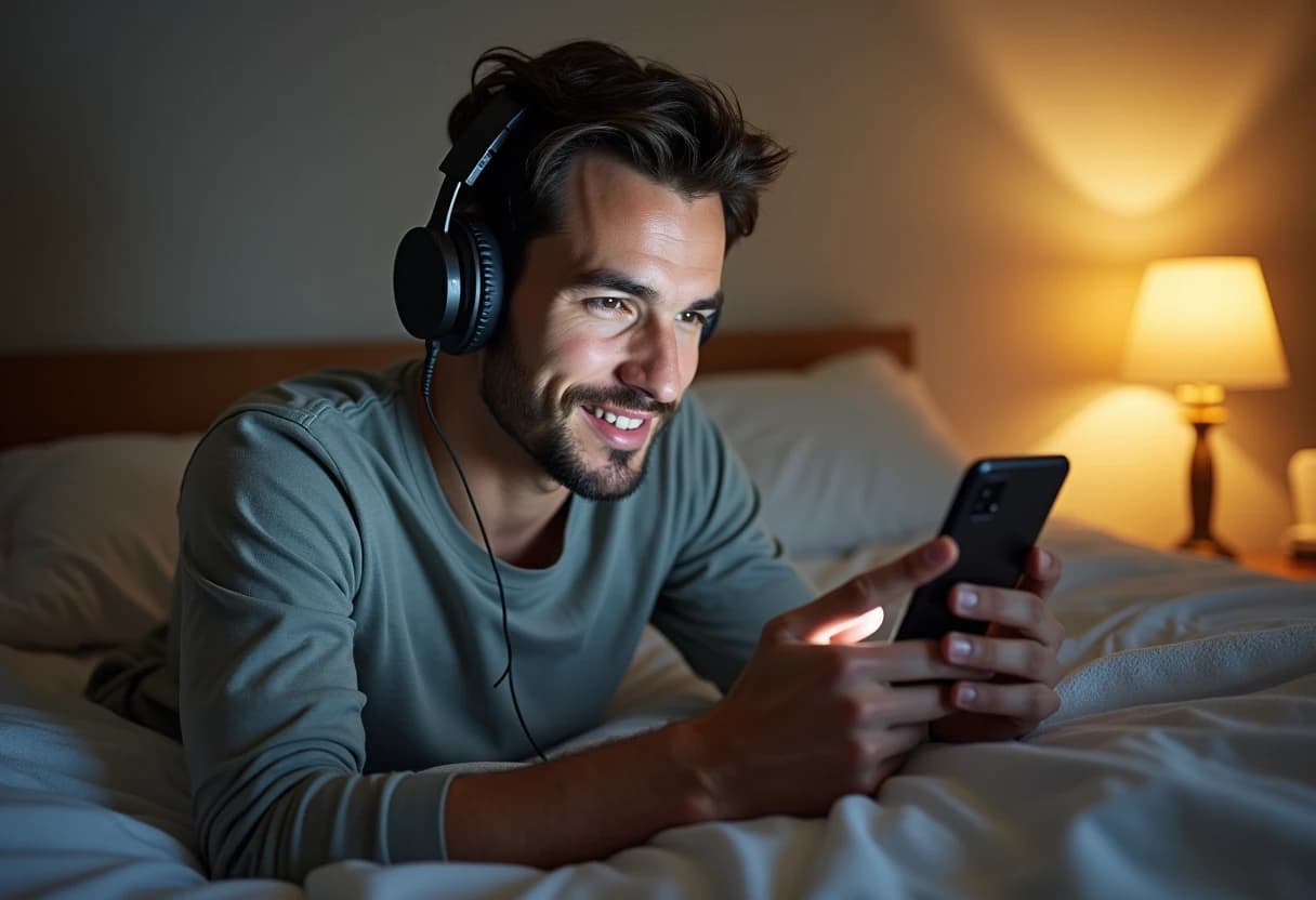 Young man wearing headphones on a bed about to start a voice call with his AI companion app Young man wearing headphones on a bed about to start a voice call with his AI companion app