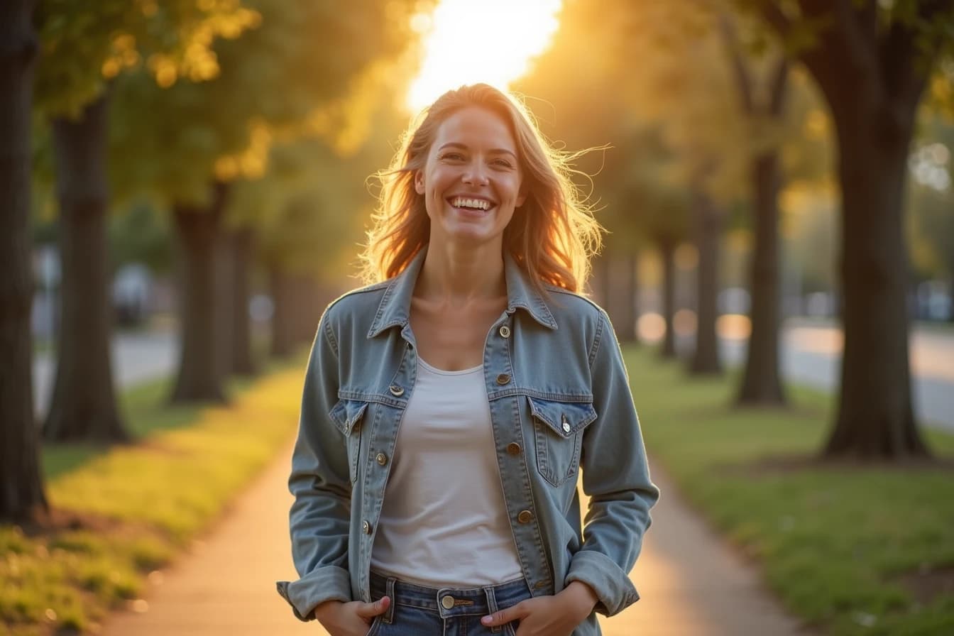 Woman walking outdoors on a tree-lined path at golden hour with her phone tucked away Woman walking outdoors on a tree-lined path at golden hour with her phone tucked away