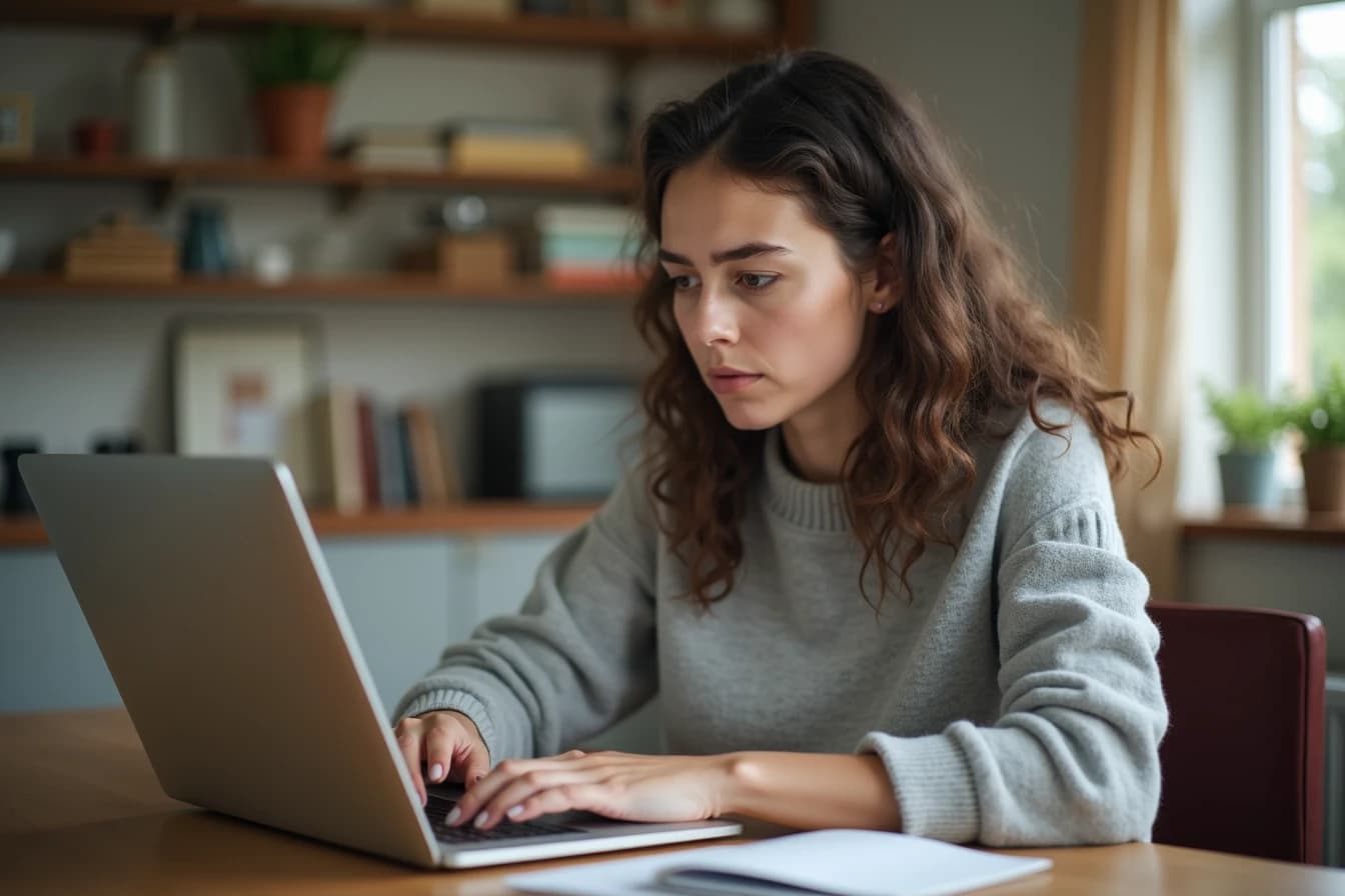 Woman at a home desk typing on a laptop with a mildly concerned expression Woman at a home desk typing on a laptop with a mildly concerned expression