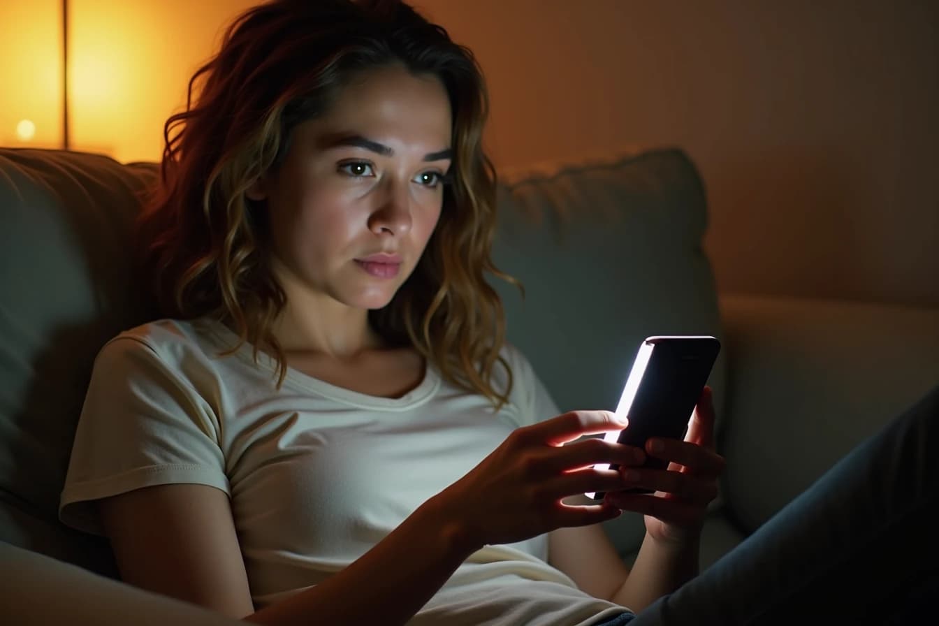 Person sitting on a couch swiping through profiles on a smartphone with a curious, skeptical expression Person sitting on a couch swiping through profiles on a smartphone with a curious, skeptical expression