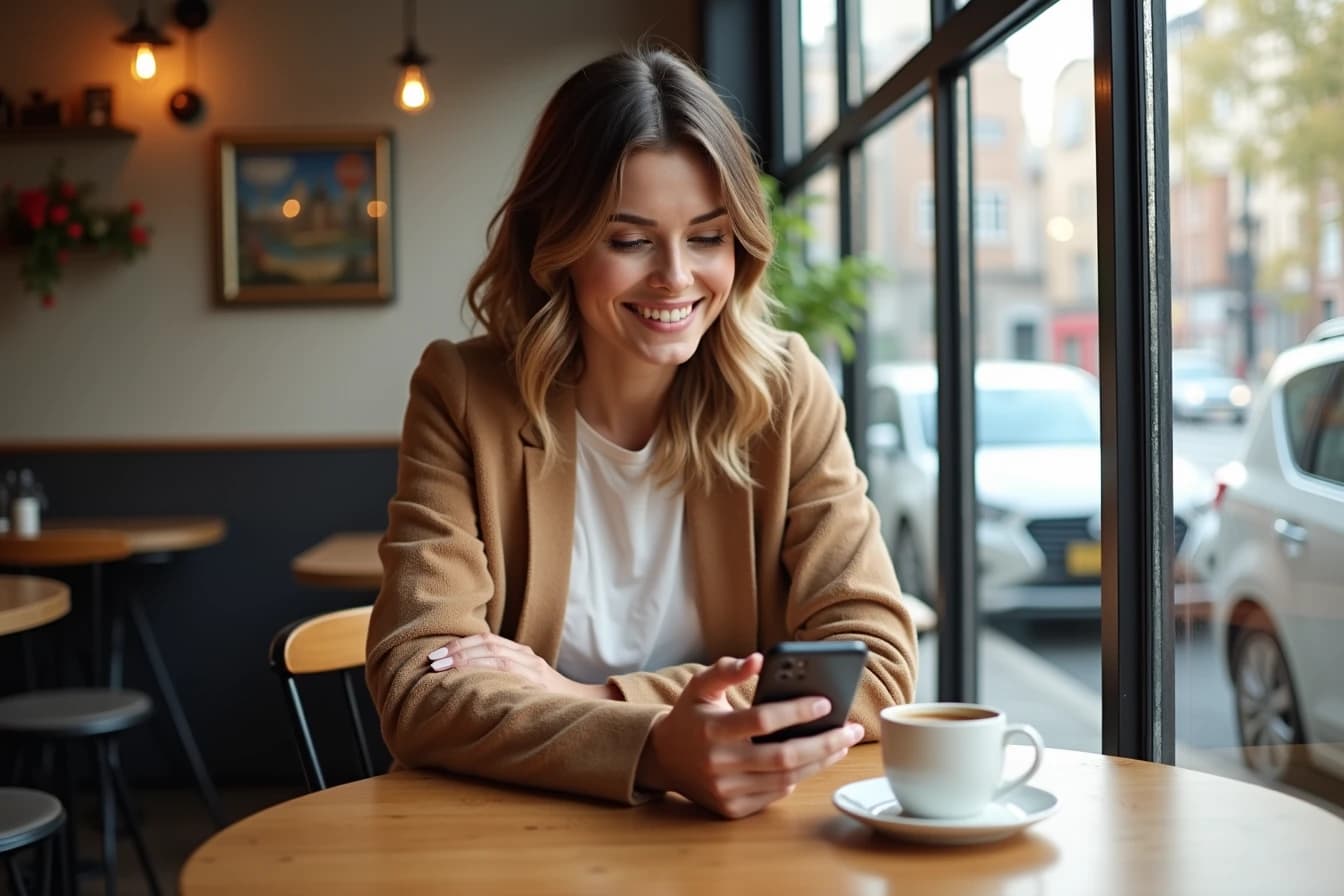 Woman smiling at her phone at a cafe table before heading out for the evening Woman smiling at her phone at a cafe table before heading out for the evening