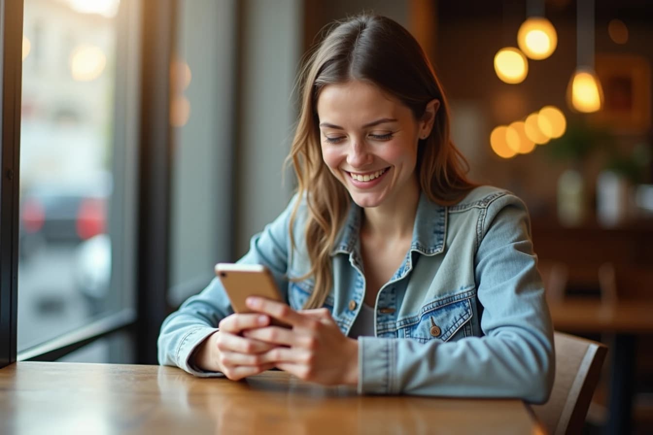 Woman sitting at a cafe table smiling while texting on her smartphone Woman sitting at a cafe table smiling while texting on her smartphone