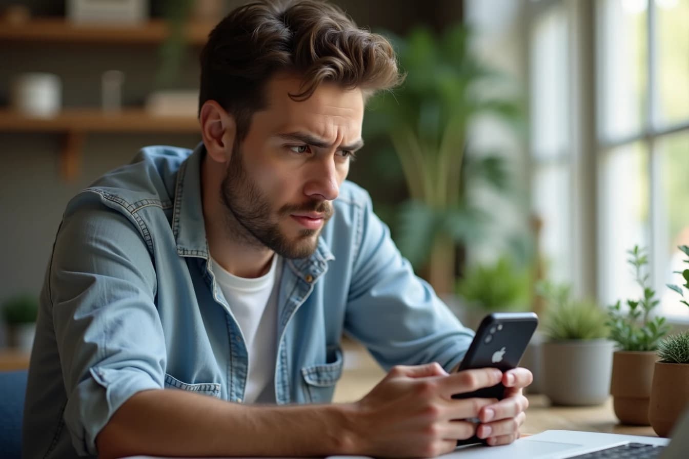 Man sitting at a desk looking at his smartphone screen with a thoughtful expression Man sitting at a desk looking at his smartphone screen with a thoughtful expression