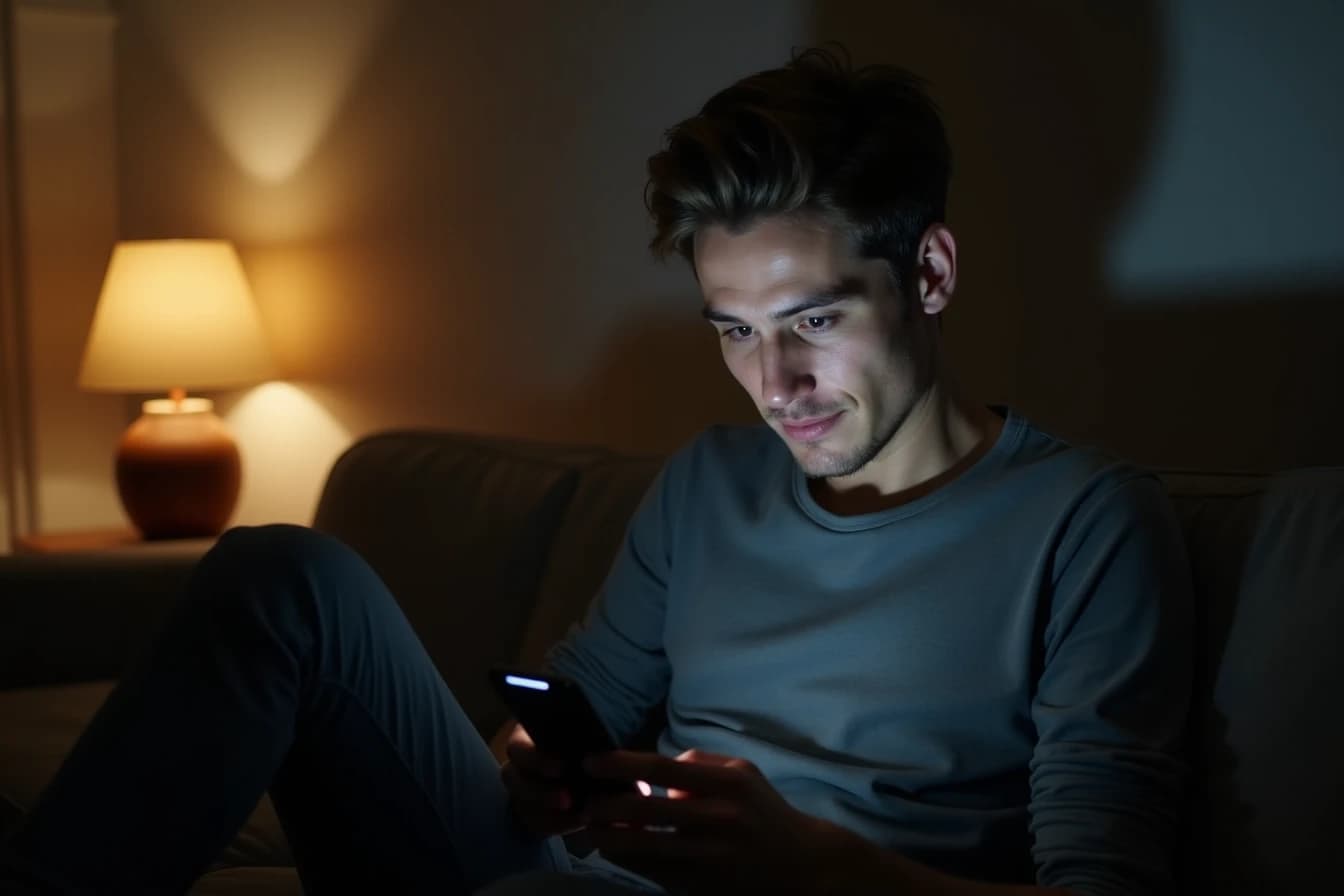 Man sitting alone on a couch in a dim living room looking at his phone with a reflective expression Man sitting alone on a couch in a dim living room looking at his phone with a reflective expression