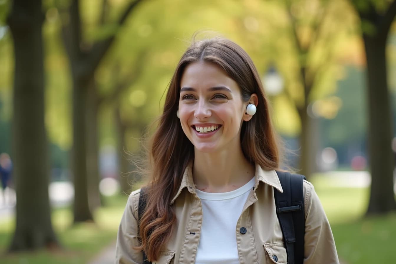 Woman walking outdoors wearing wireless earbuds, smiling as if on a voice call