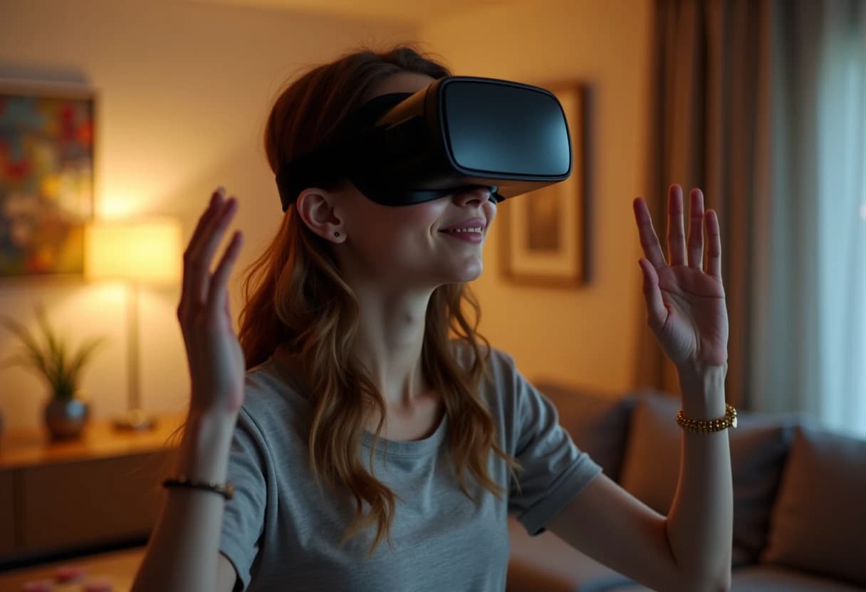 Woman wearing a VR headset standing in a cozy living room in the evening Woman wearing a VR headset standing in a cozy living room in the evening