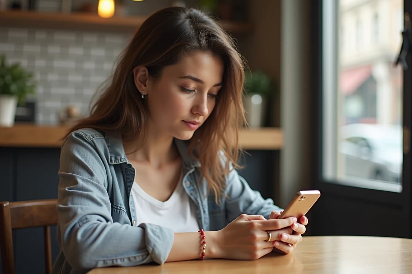 Woman sitting at a cafe table typing thoughtfully on her smartphone Woman sitting at a cafe table typing thoughtfully on her smartphone