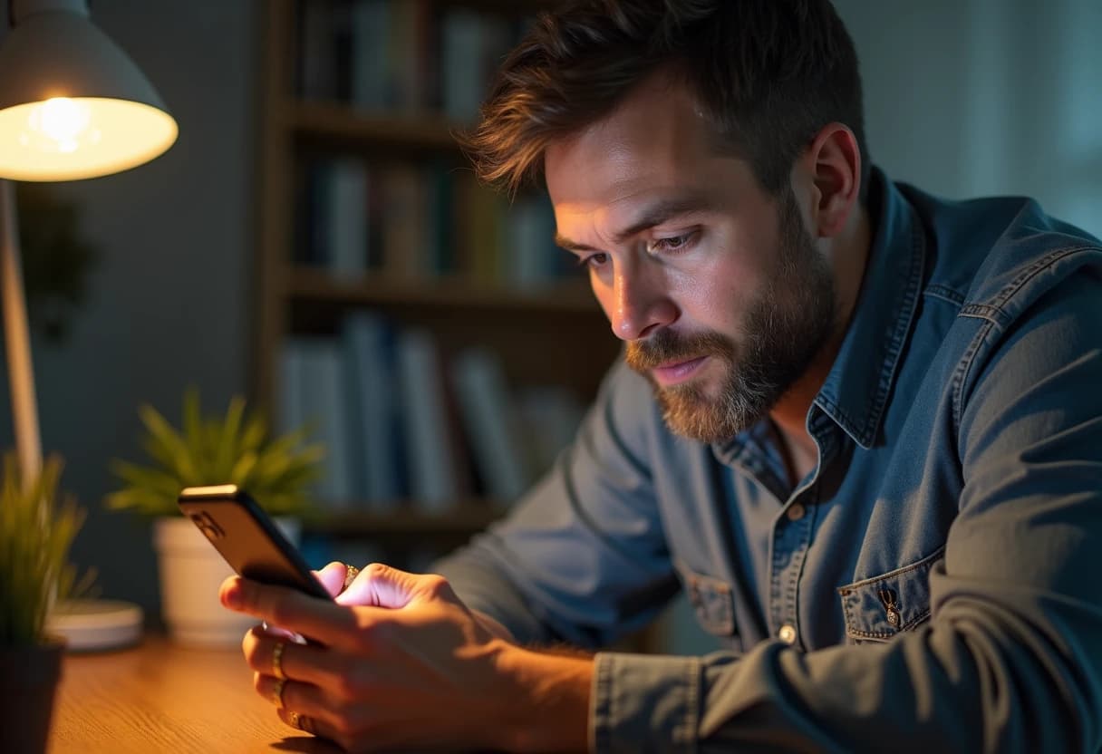 Man at a desk carefully typing an image prompt into an AI girlfriend app Man at a desk carefully typing an image prompt into an AI girlfriend app