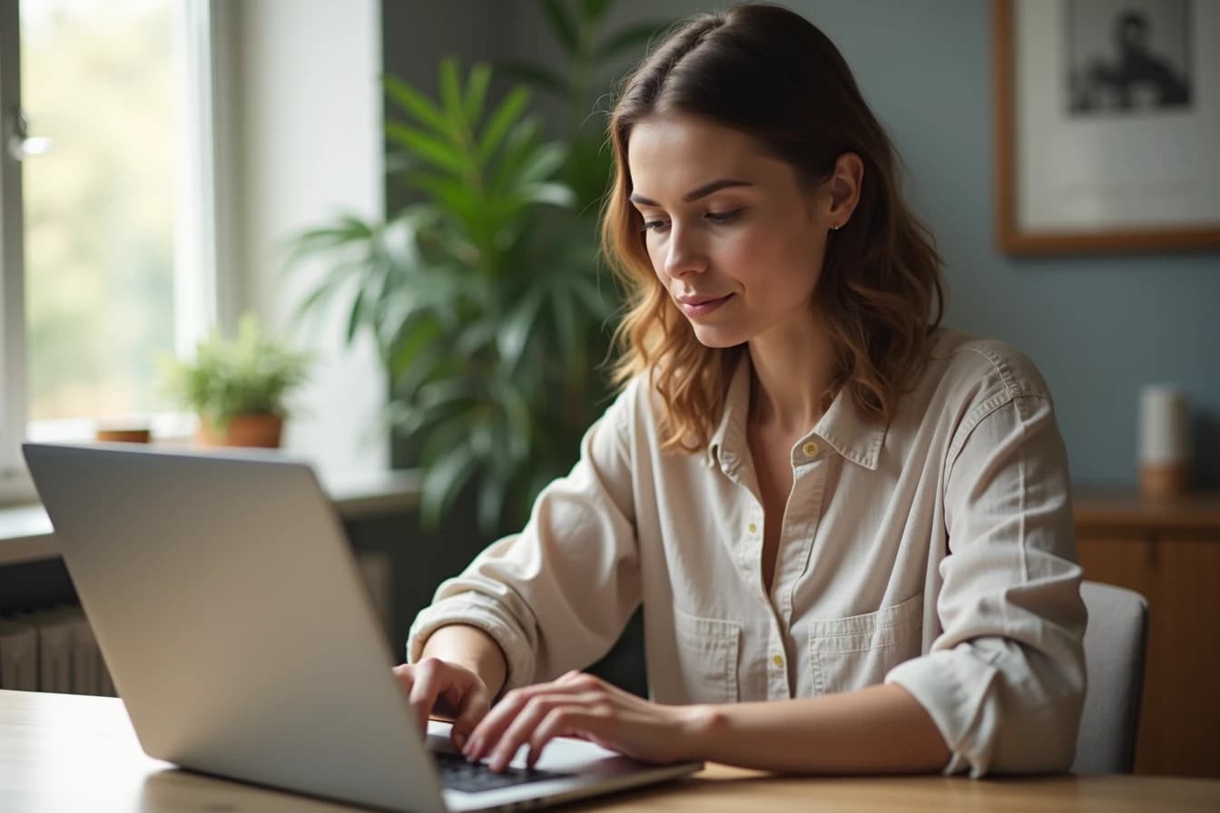 Woman at a home office desk typing carefully on a laptop while setting up a private account Woman at a home office desk typing carefully on a laptop while setting up a private account