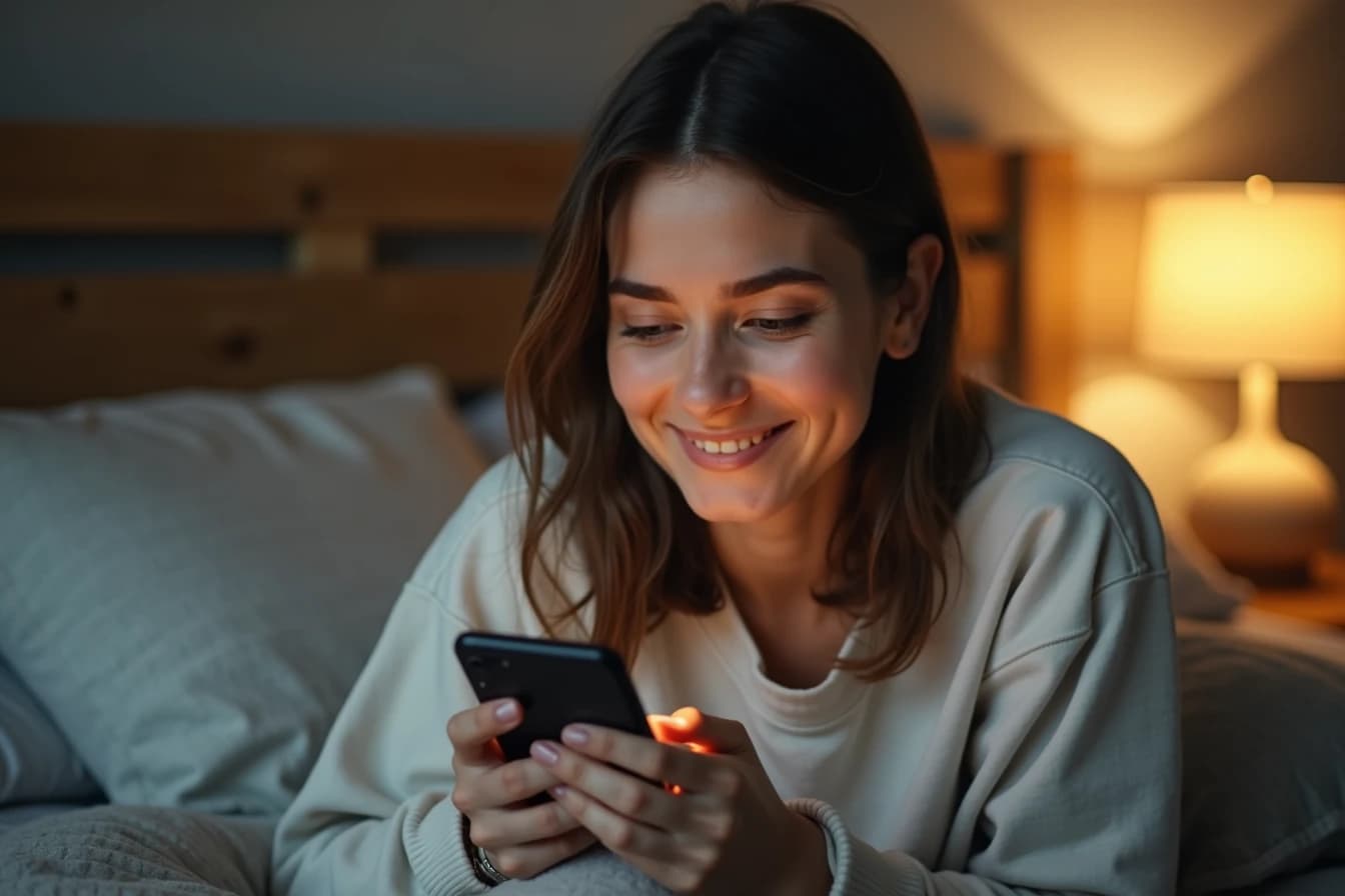 Woman relaxing on a bed in the evening smiling while using a free companion app on her phone Woman relaxing on a bed in the evening smiling while using a free companion app on her phone