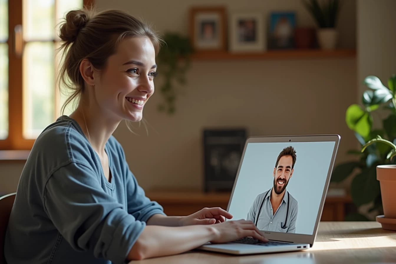 Person having an engaged video call on a laptop at a home desk Person having an engaged video call on a laptop at a home desk