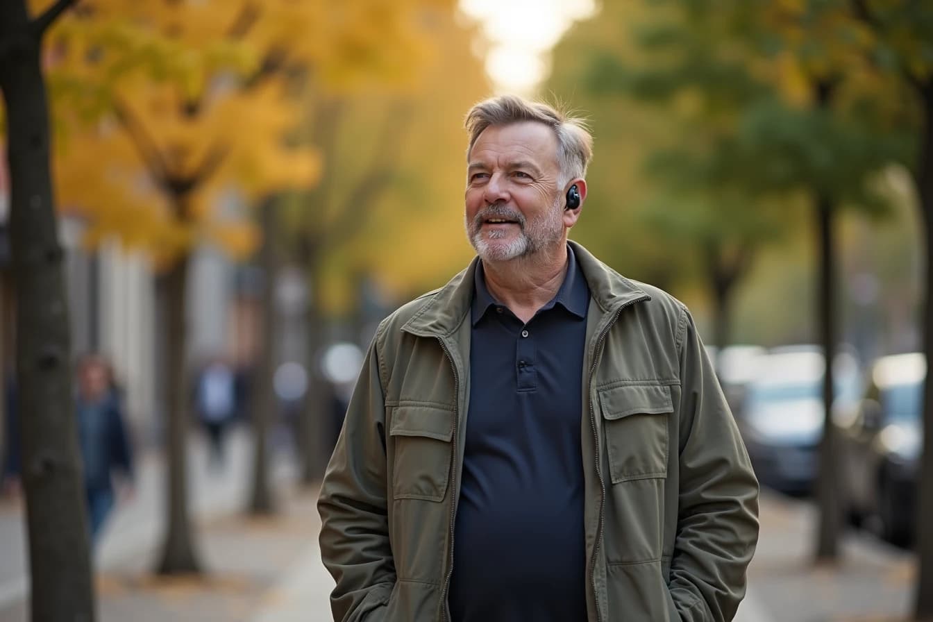 Man walking down a tree-lined city sidewalk wearing wireless earbuds during golden hour Man walking down a tree-lined city sidewalk wearing wireless earbuds during golden hour