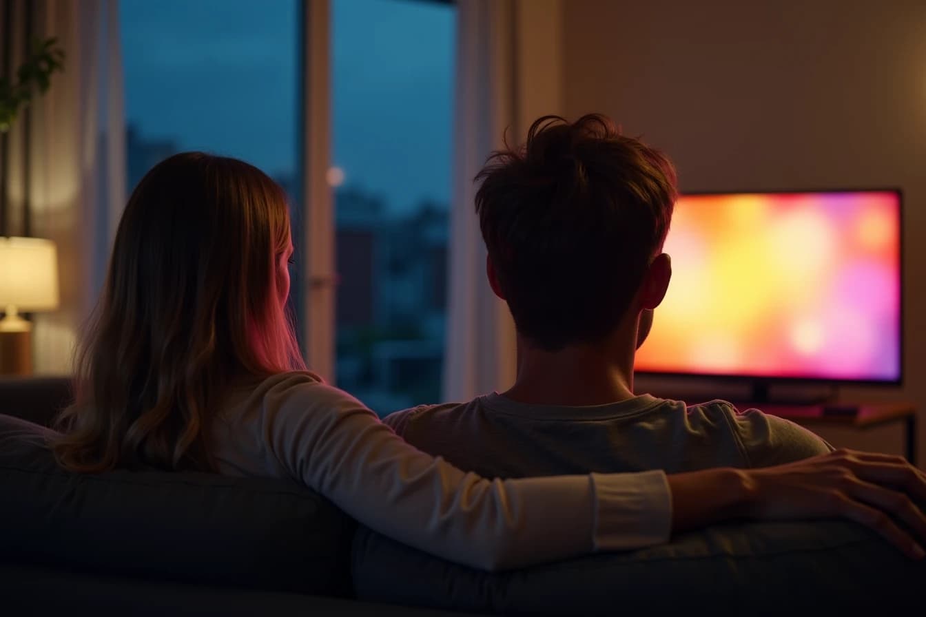Couple sitting together on a couch at night watching a television glowing softly Couple sitting together on a couch at night watching a television glowing softly
