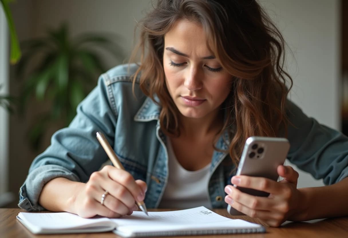 Person thoughtfully weighing handwritten notes against a smartphone at a table Person thoughtfully weighing handwritten notes against a smartphone at a table