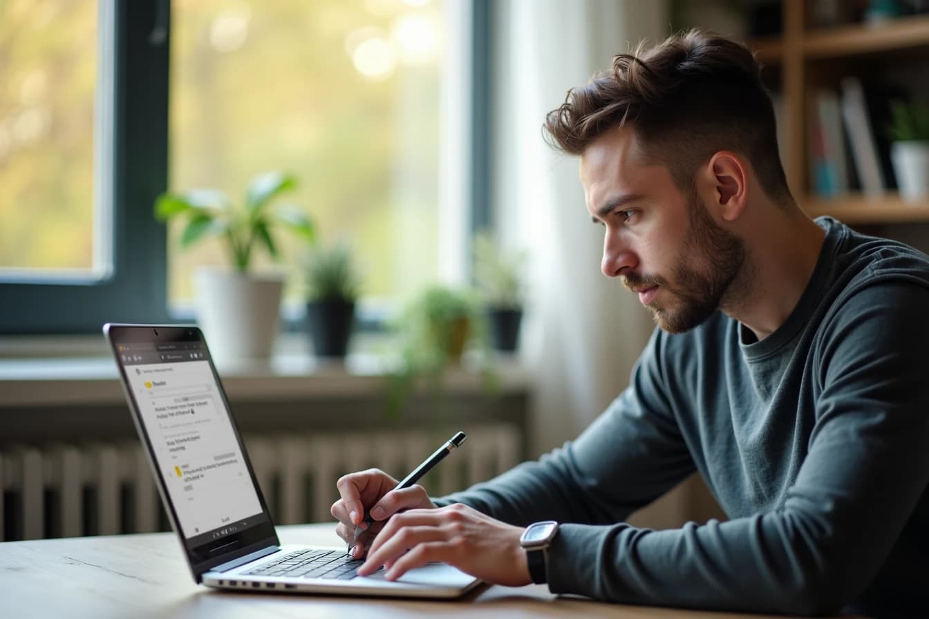 Person typing feedback about an app on a laptop at a desk Person typing feedback about an app on a laptop at a desk