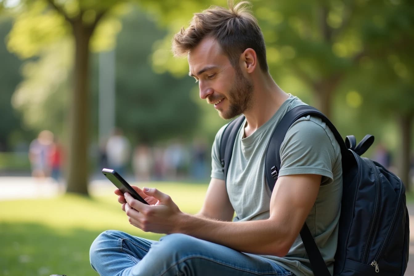 Young adult sitting on an outdoor campus bench using a smartphone Young adult sitting on an outdoor campus bench using a smartphone