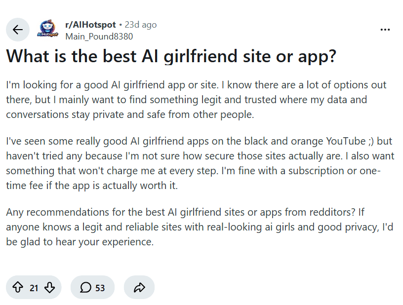 Screenshot of the Reddit post "What is the best AI girlfriend site or app?"