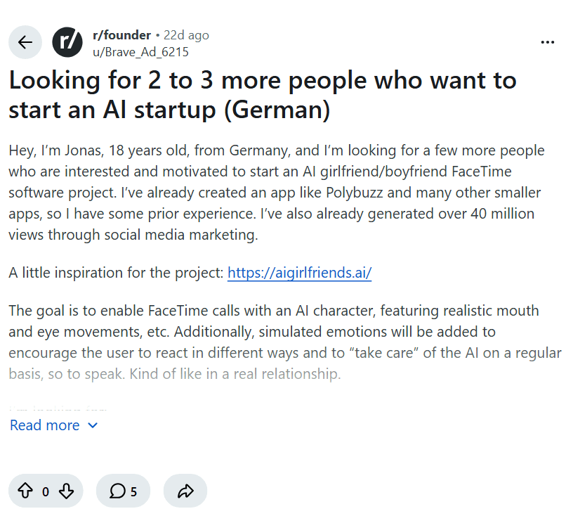 Screenshot of the Reddit post "Looking for 2 to 3 more people who want to start an AI startup (German)"