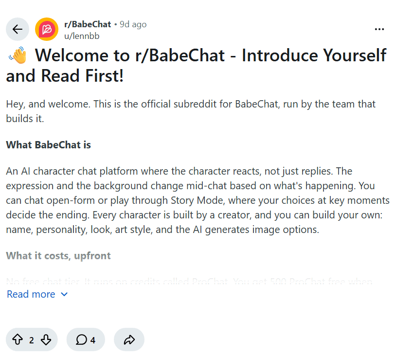 Screenshot of the Reddit post "👋 Welcome to r/BabeChat - Introduce Yourself and Read First!"