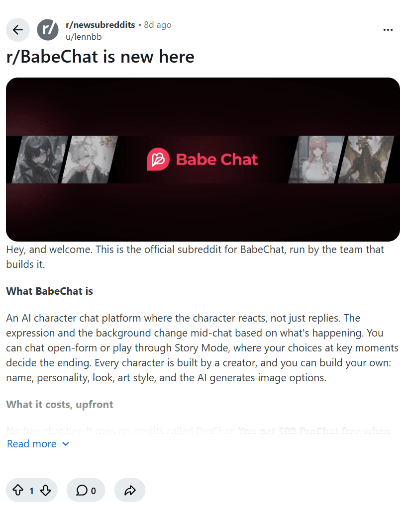 Screenshot of the Reddit post "r/BabeChat is new here"