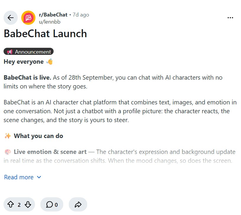 Screenshot of the Reddit post "BabeChat Launch"