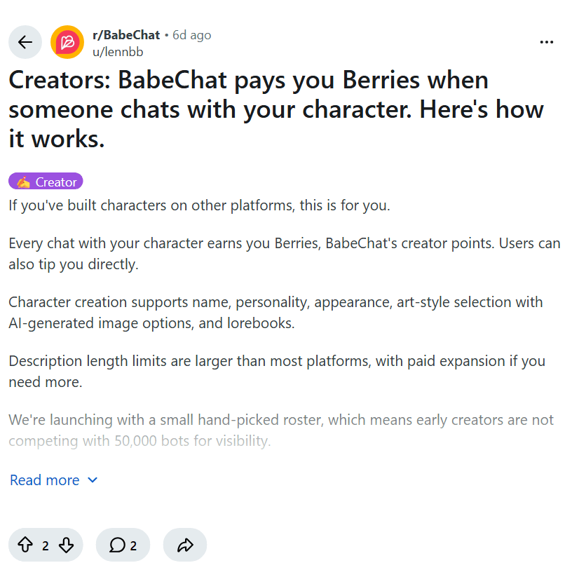 Screenshot of the Reddit post "Creators: BabeChat pays you Berries when someone chats with your character. Here's how it works."