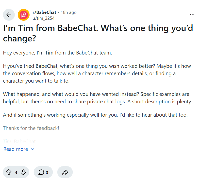Screenshot of the Reddit post "I’m Tim from BabeChat. What’s one thing you’d change?"