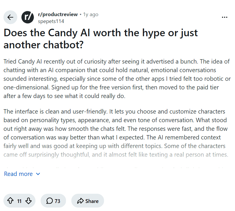 Screenshot of the Reddit post "Does the Candy AI worth the hype or just another chatbot?"