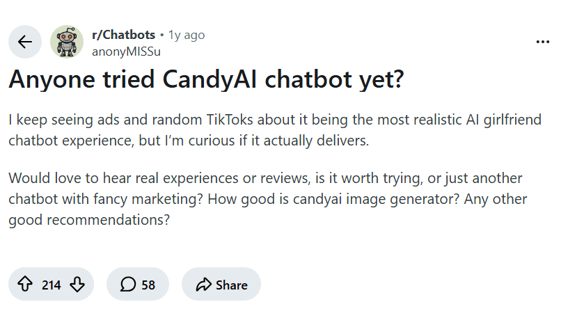 Screenshot of the Reddit post "Anyone tried CandyAI chatbot yet?"