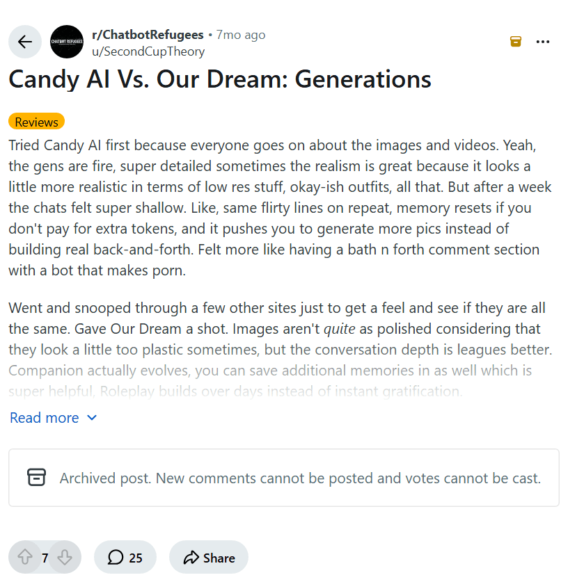 Screenshot of the Reddit post "Candy AI Vs. Our Dream: Generations"