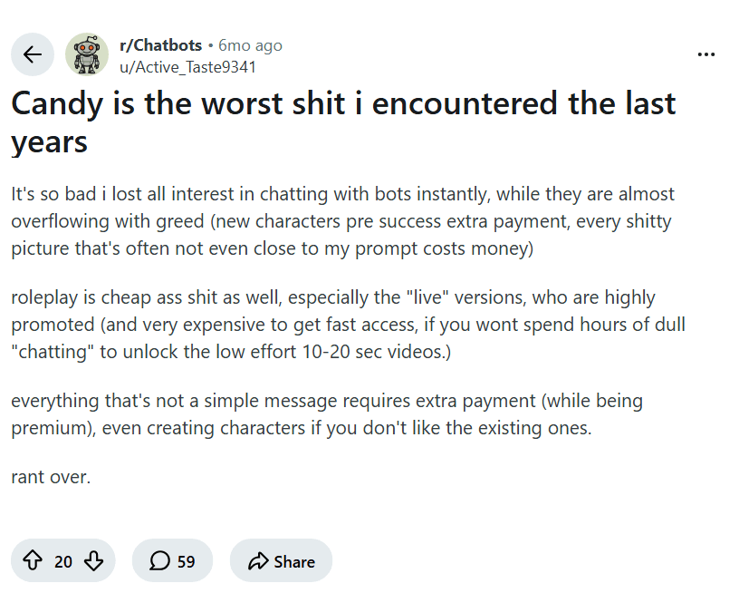 Screenshot of the Reddit post "Candy is the worst shit i encountered the last years"