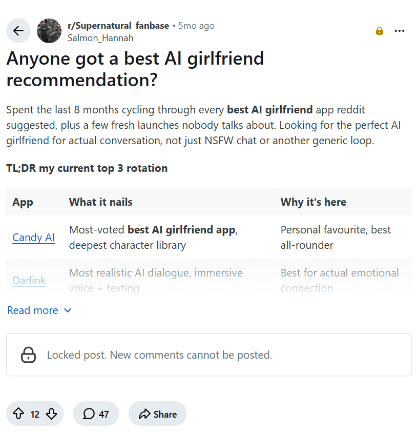 Screenshot of the Reddit post "Anyone got a best AI girlfriend recommendation?"